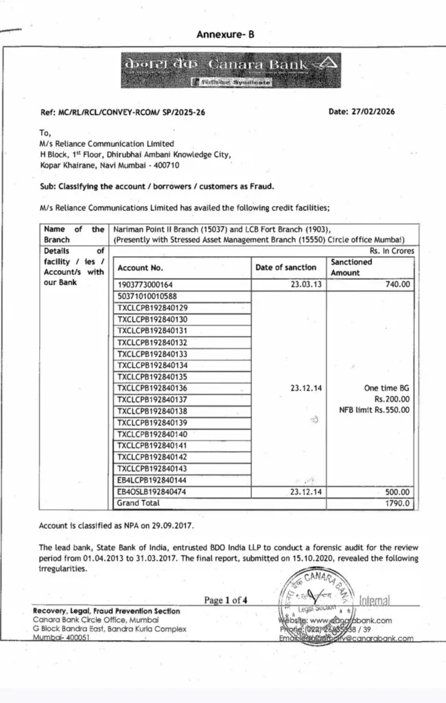 Breaking! Canara Bank declares Reliance Communications Account as Fraud